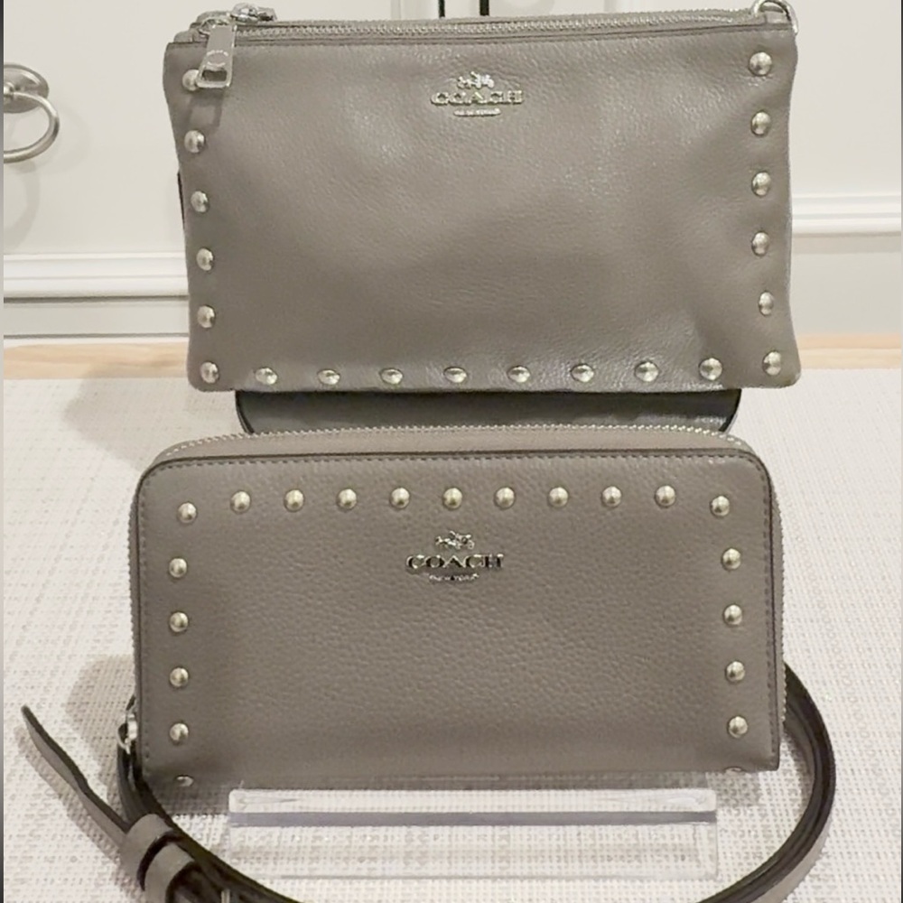 🤎🩶 SOLD - Coach Lyla Studded Rivet Taupe Clutch Bag & Matching Wallet Set